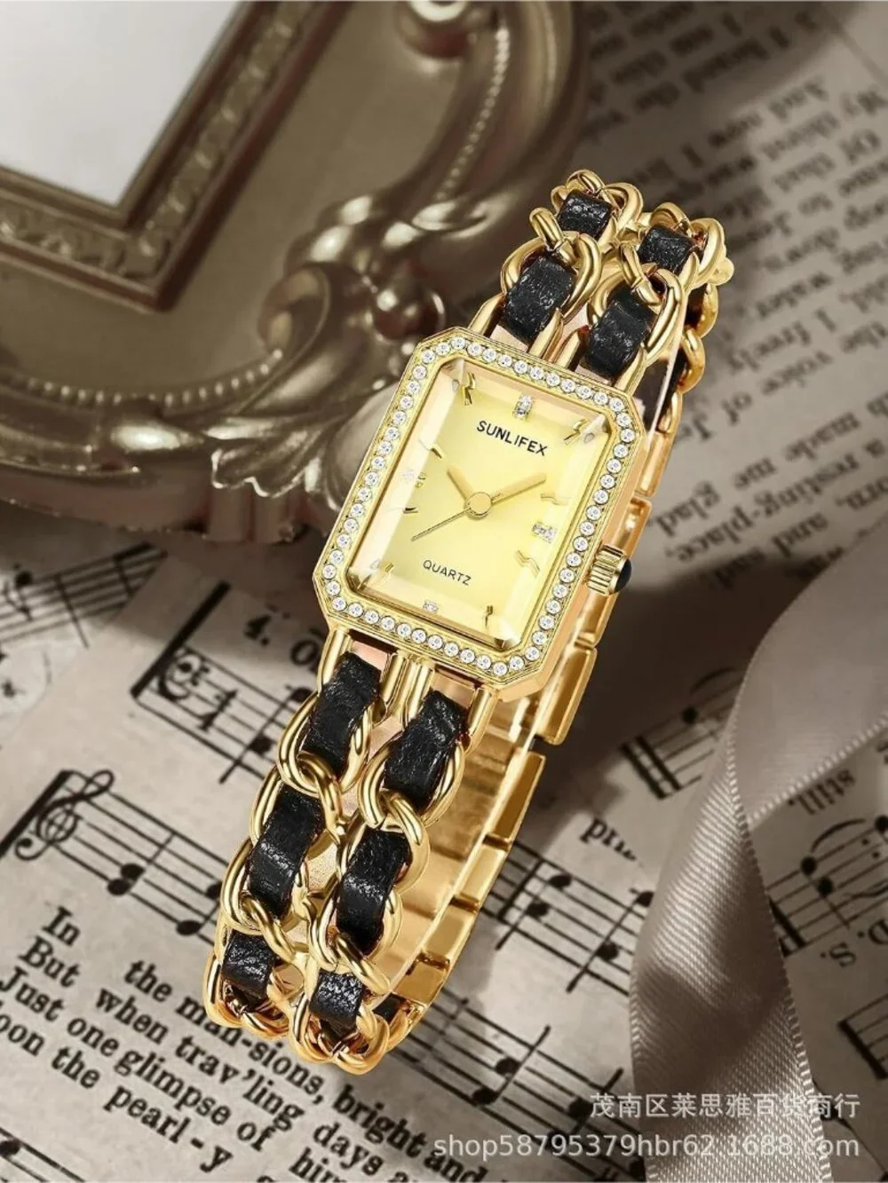Women's Gold Square Adjustable Chain Braid Band Quartz Retro Dress Wrist Watch